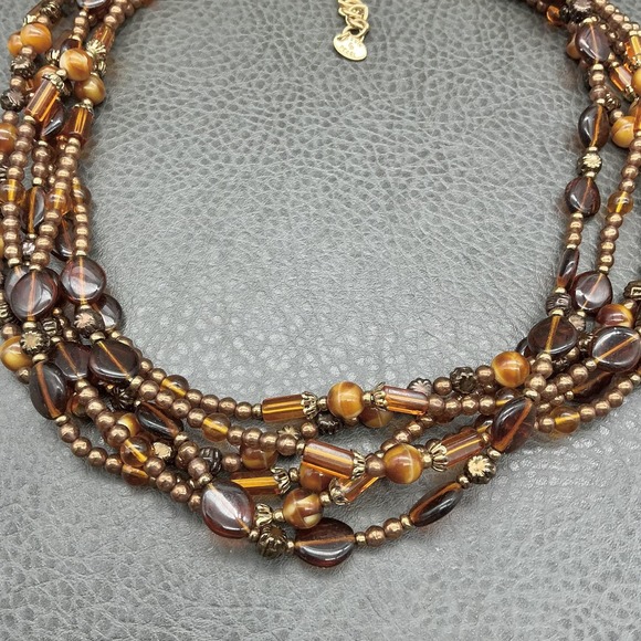 ERWIN PEARL Multi Strand Brown Amber Glass Bead Necklace Gold Tone Layered - Picture 4 of 8